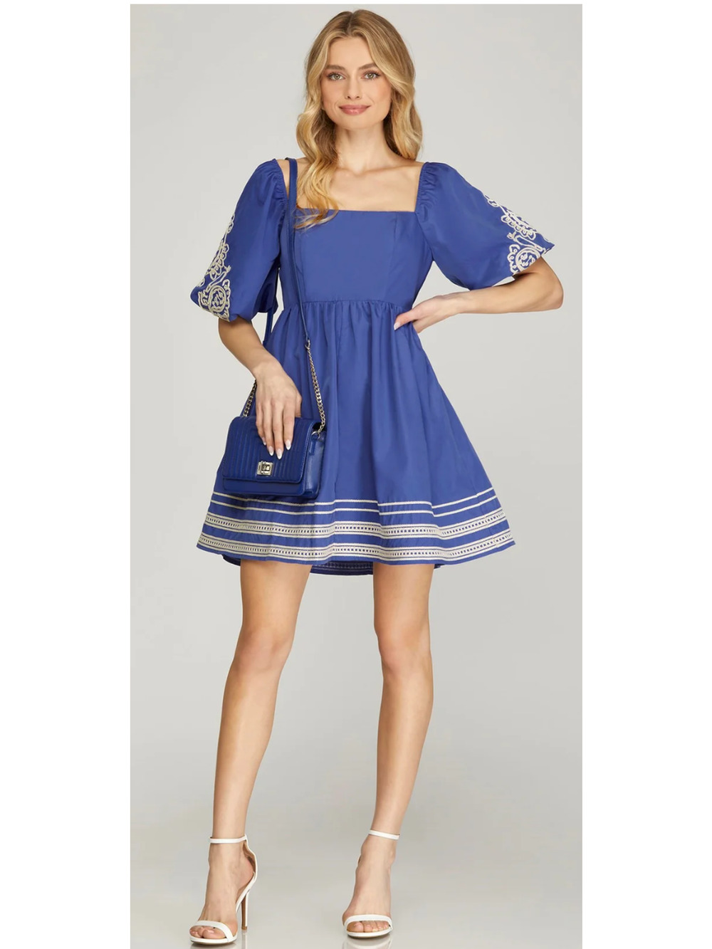 She + Sky Royal Blue Mini Dress with White Embroidery